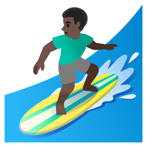 Google design of the man surfing: dark skin tone emoji verson:Noto Color Emoji 15.0