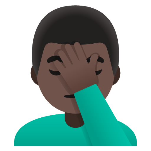 Google design of the man facepalming: dark skin tone emoji verson:Noto Color Emoji 15.0