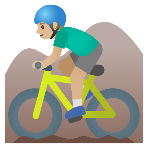 Google design of the man mountain biking: medium-light skin tone emoji verson:Noto Color Emoji 15.0