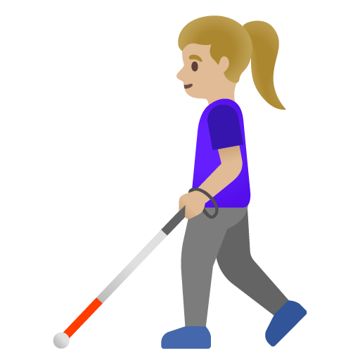 Google design of the woman with white cane: medium-light skin tone emoji verson:Noto Color Emoji 15.0