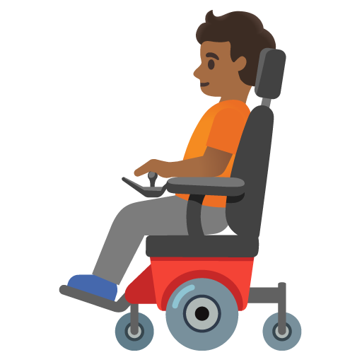 Google design of the person in motorized wheelchair: medium-dark skin tone emoji verson:Noto Color Emoji 15.0