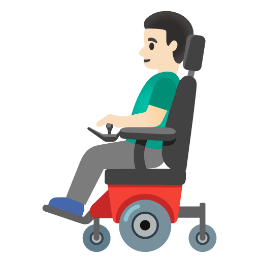 Google design of the man in motorized wheelchair: light skin tone emoji verson:Noto Color Emoji 15.0