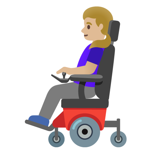Google design of the woman in motorized wheelchair: medium-light skin tone emoji verson:Noto Color Emoji 15.0