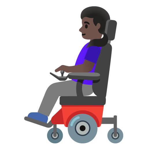 Google design of the woman in motorized wheelchair: dark skin tone emoji verson:Noto Color Emoji 15.0
