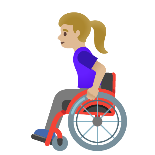 Google design of the woman in manual wheelchair: medium-light skin tone emoji verson:Noto Color Emoji 15.0