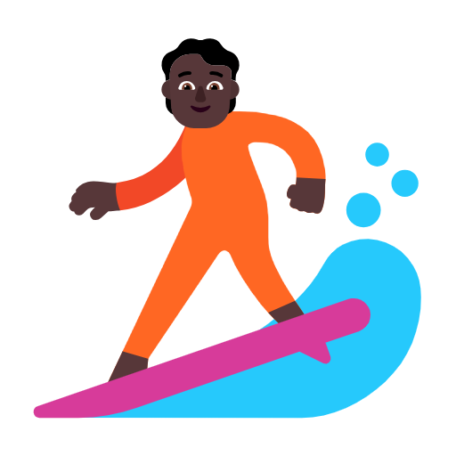 Microsoft design of the person surfing: dark skin tone emoji verson:Windows-11-23H2