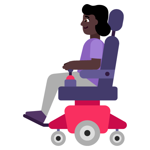 Microsoft design of the woman in motorized wheelchair: dark skin tone emoji verson:Windows-11-22H2
