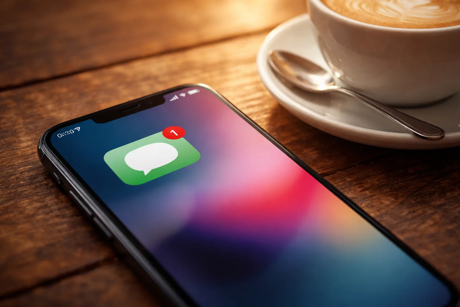 Close-up of a smartphone screen with an unread text notification, the phone resting on a wooden table next to a coffee c