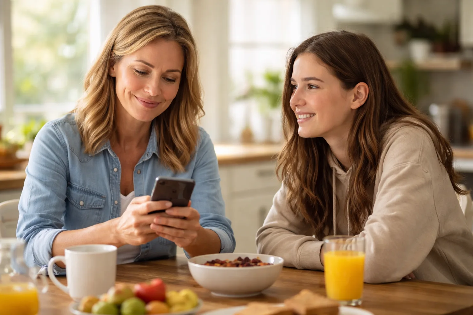 Parent and teen at a kitchen table, the parent looking at a text on their phone with a slightly puzzled smile, the teen 