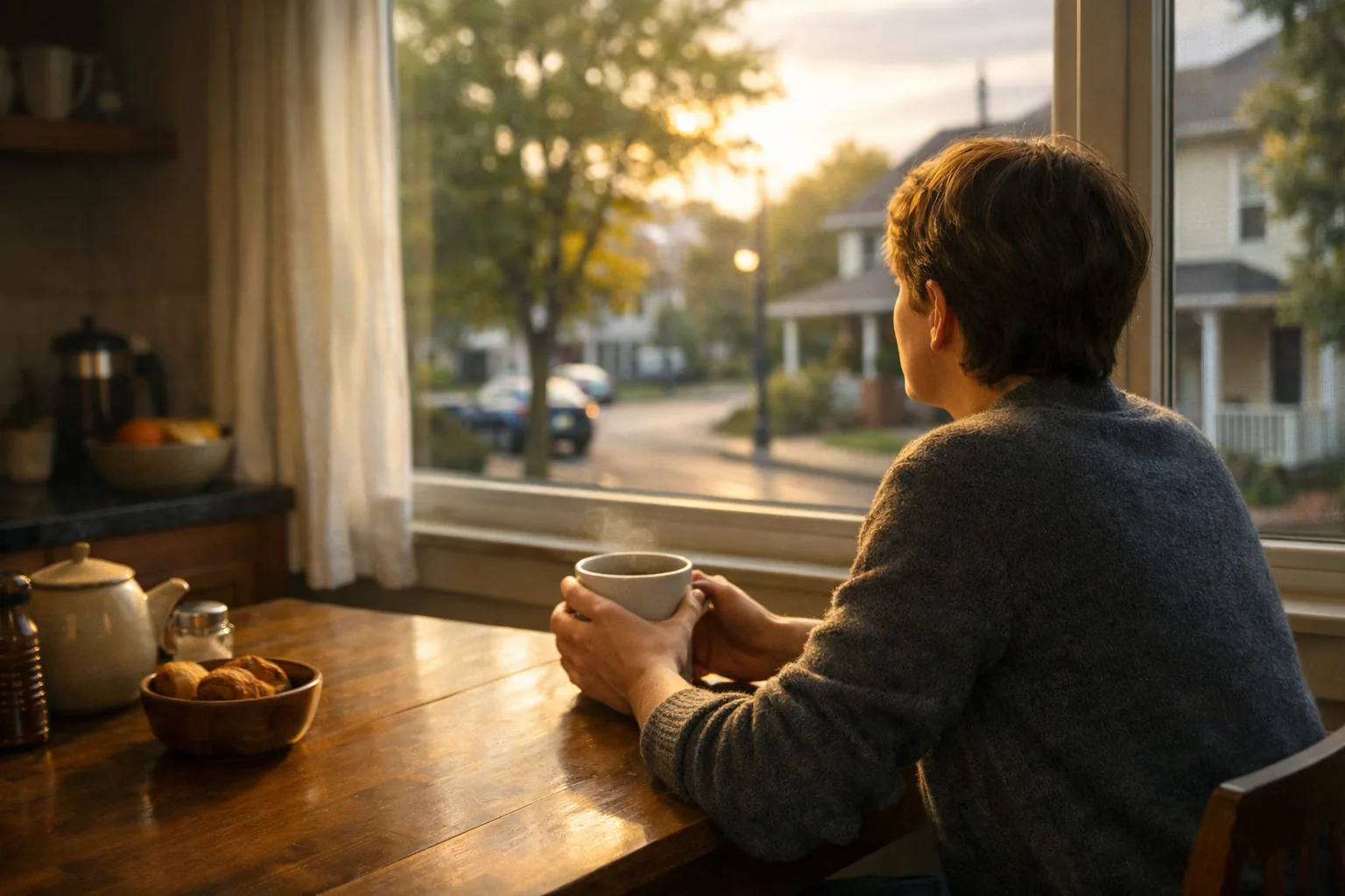 Person sitting at a kitchen table with a warm mug in both hands, looking out a window at a quiet morning street, complet