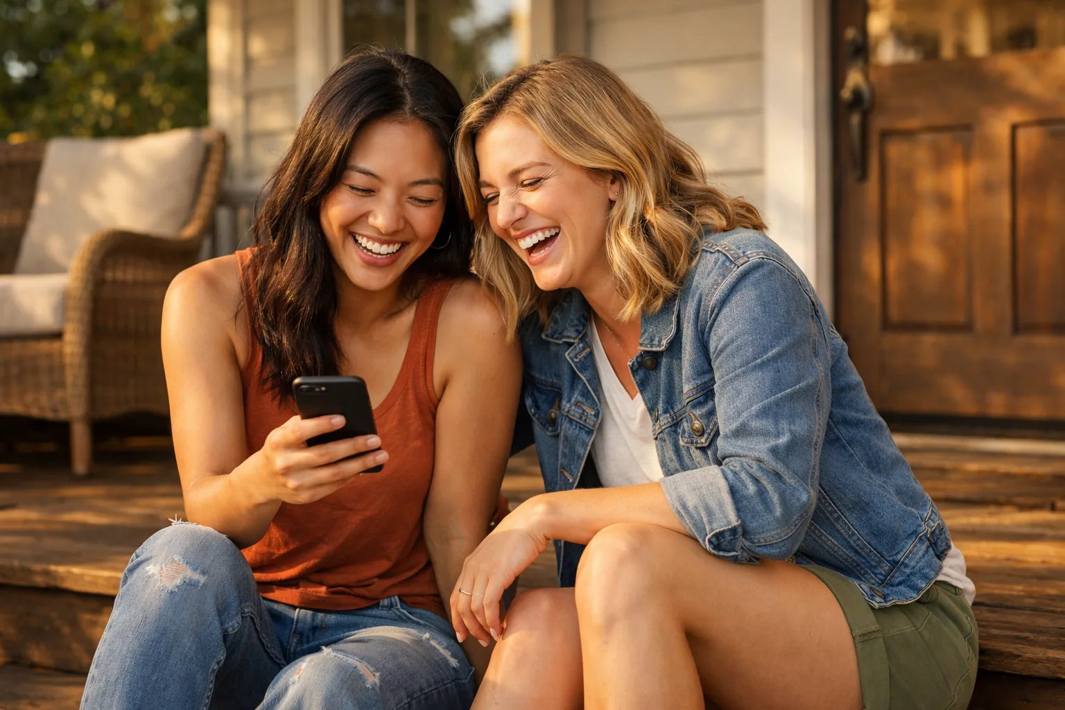 Two friends sitting together on a porch, laughing, one holding a phone, warm late afternoon sun, casual and relaxed