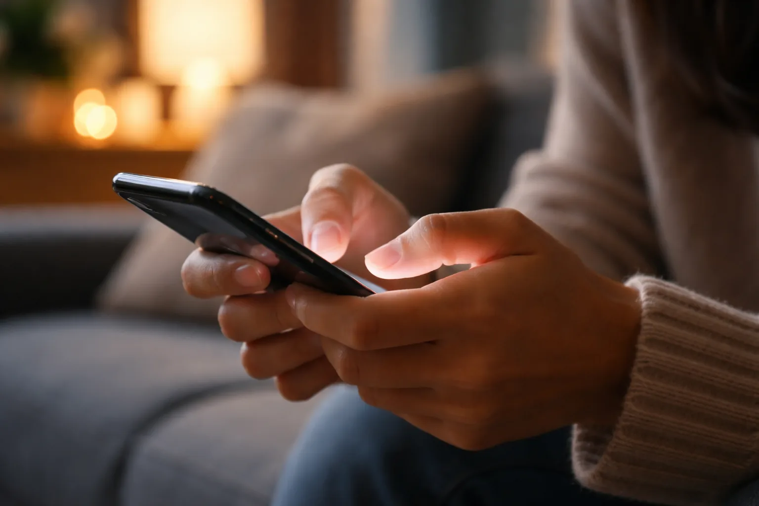 Close-up of someone typing a text on a phone, screen glow on their fingers, relaxed home background