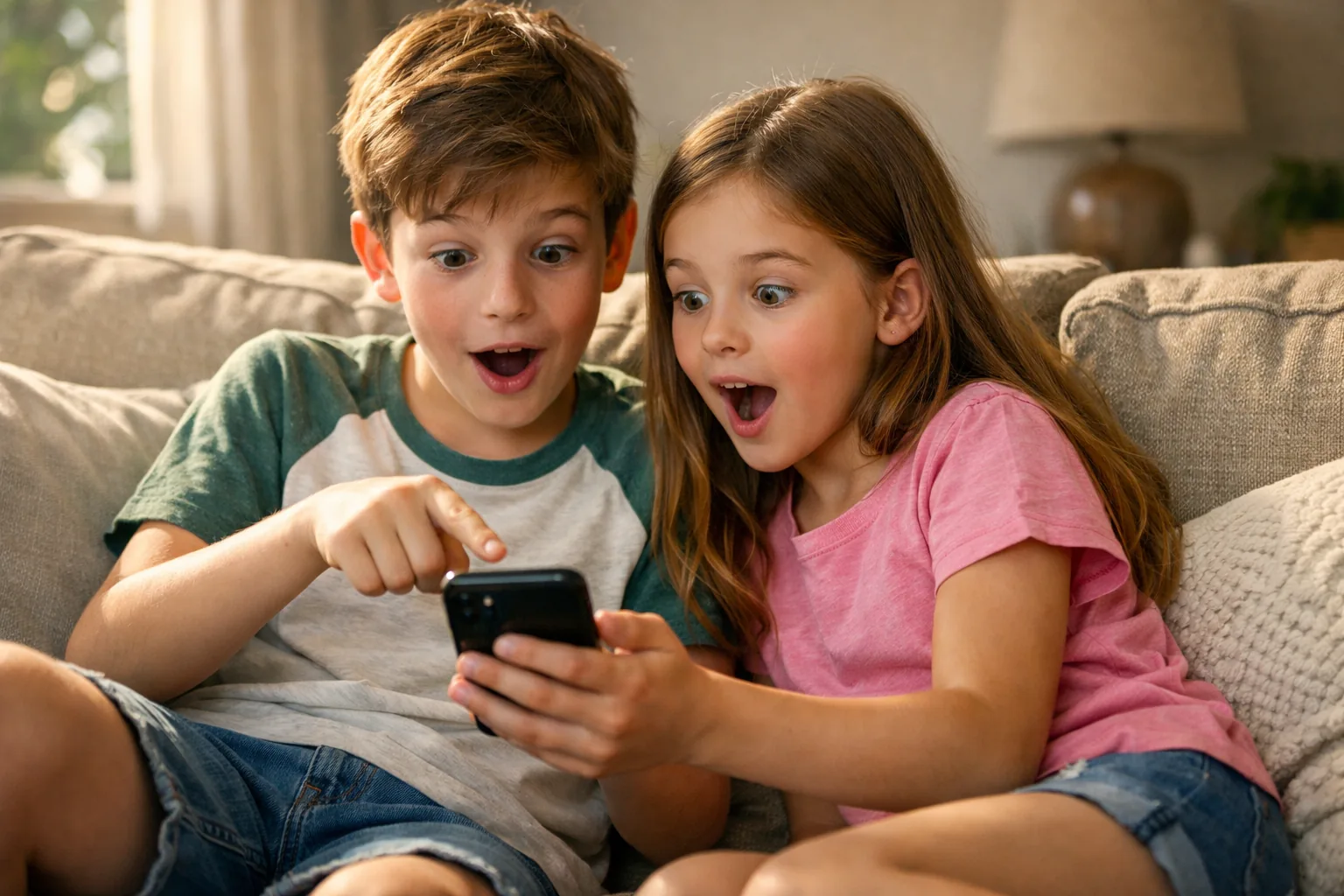 Two siblings on a sofa looking at a phone screen together, one pointing at something and both looking surprised, afterno