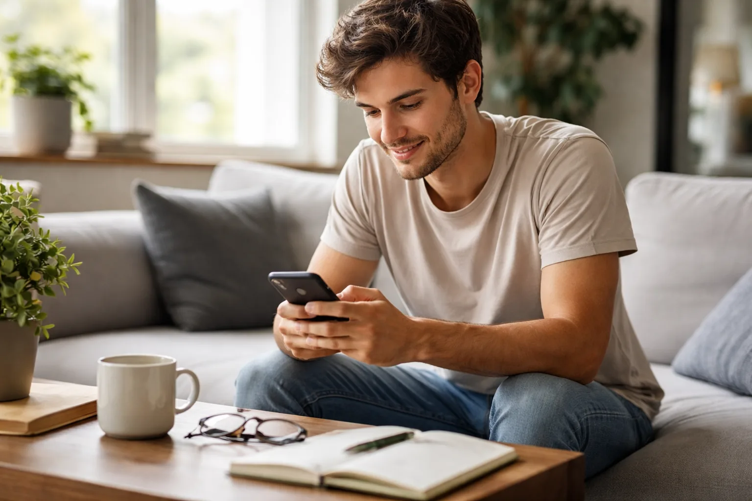 Young adult on their phone at a coffee table, casual posture, natural indoor light