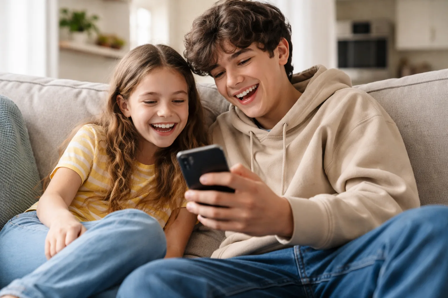 Two siblings on a couch looking at something on a phone together, both grinning, casual and relaxed