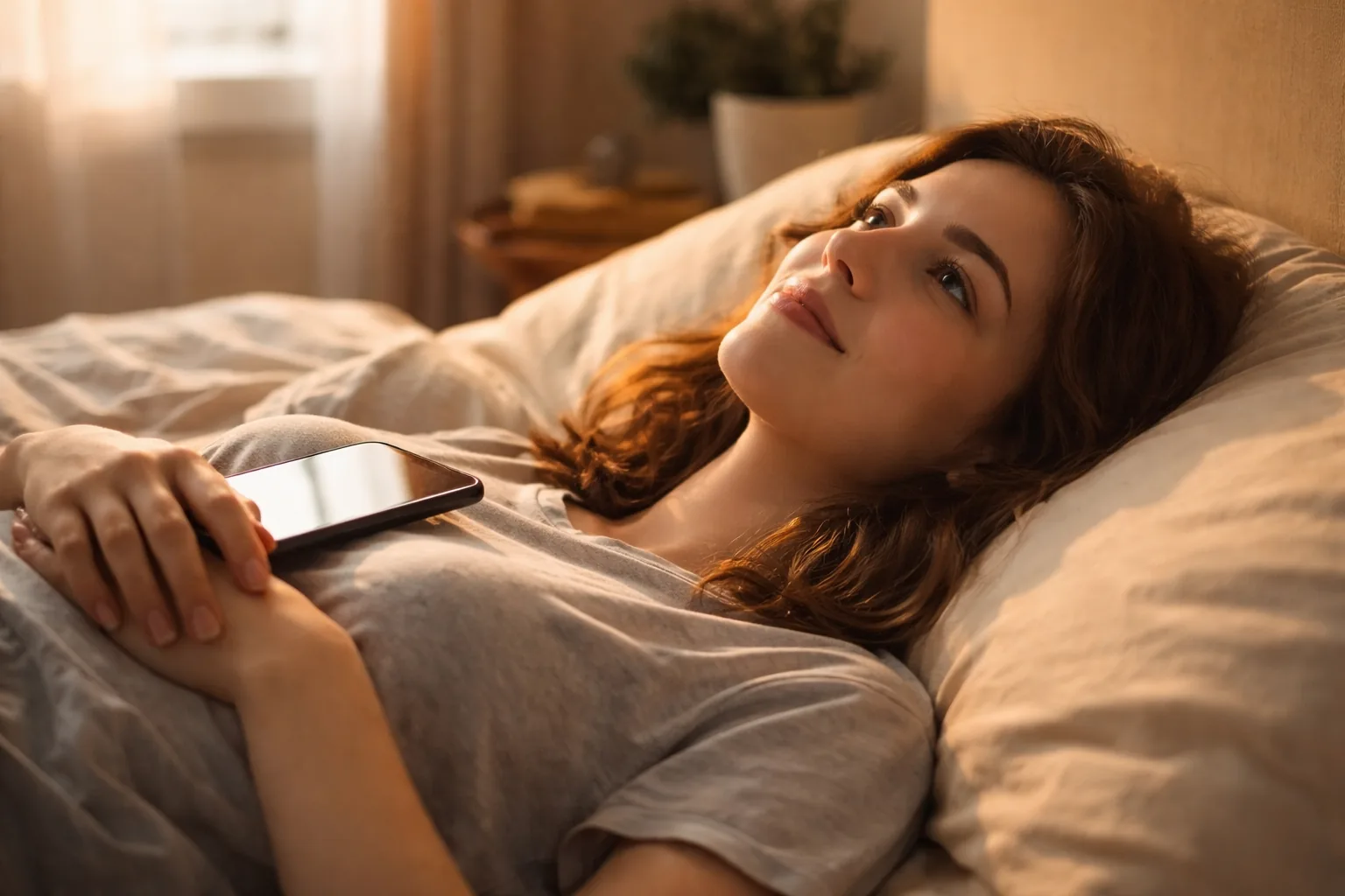 Person lying on their bed staring at the ceiling with a slight smile, phone resting on their chest, soft afternoon light