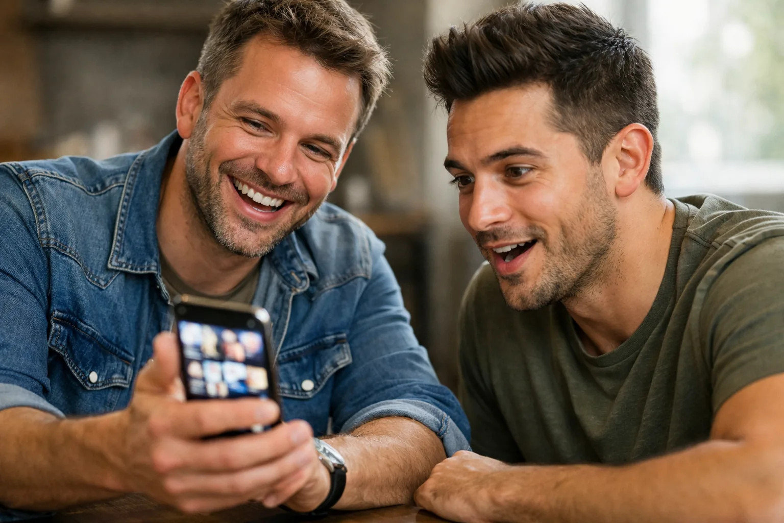 Person showing their phone screen to someone else with a proud expression, the other person looking genuinely impressed