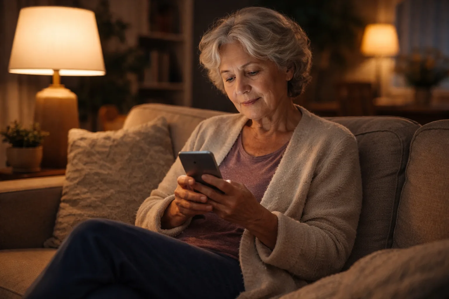 Older person sitting alone on a sofa looking at their phone with a mix of warmth and hesitation on their face, soft lamp