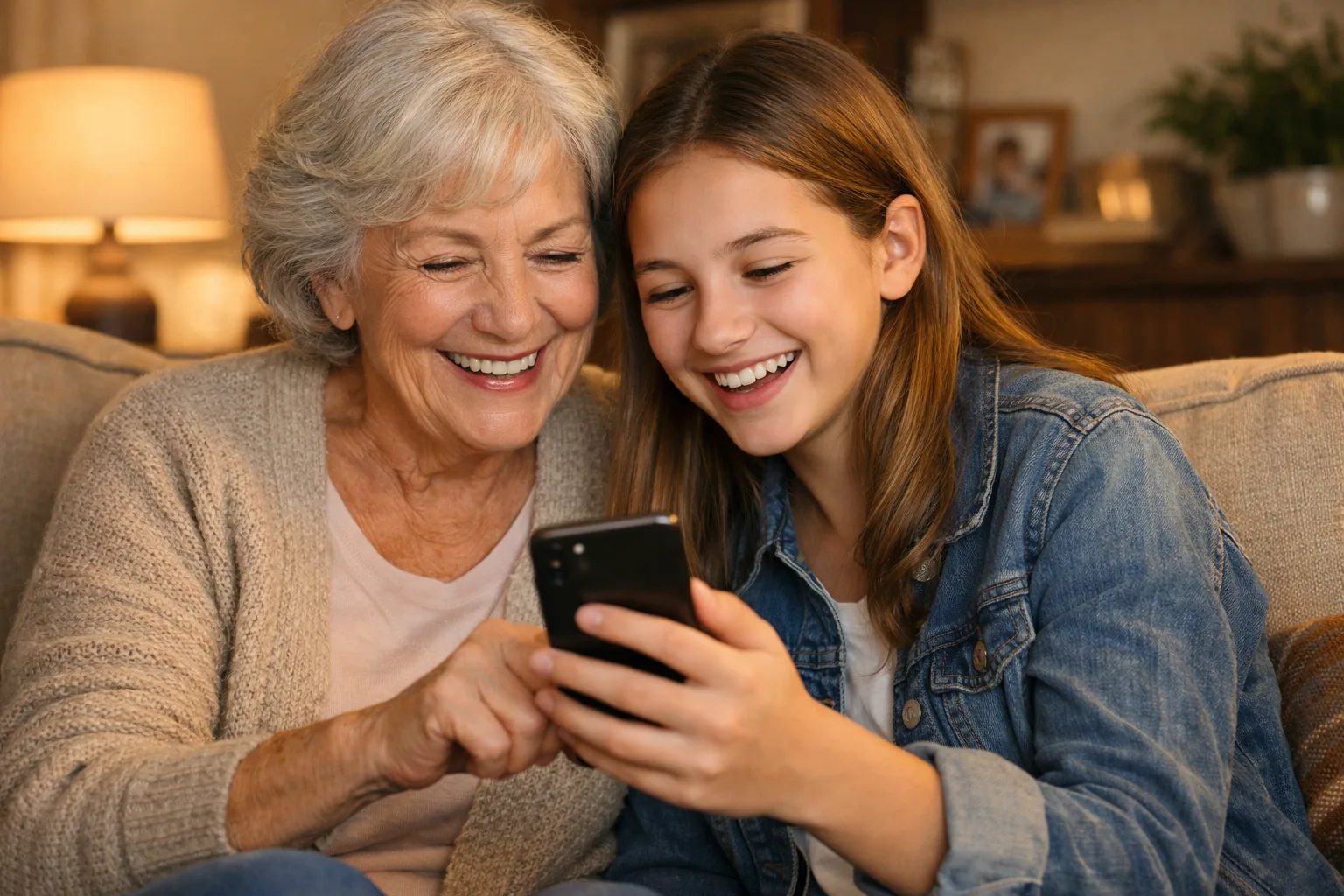 Grandmother and granddaughter sitting together, the granddaughter showing the grandmother something on her phone, both g