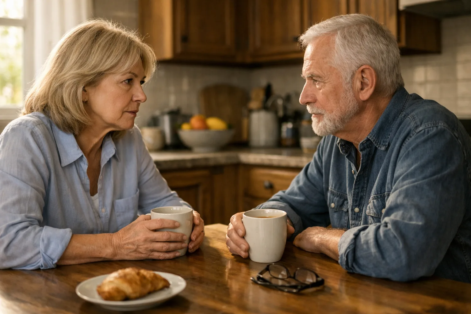 Couple in their 60s sitting at a kitchen table across from each other with coffee, having a serious but calm conversatio