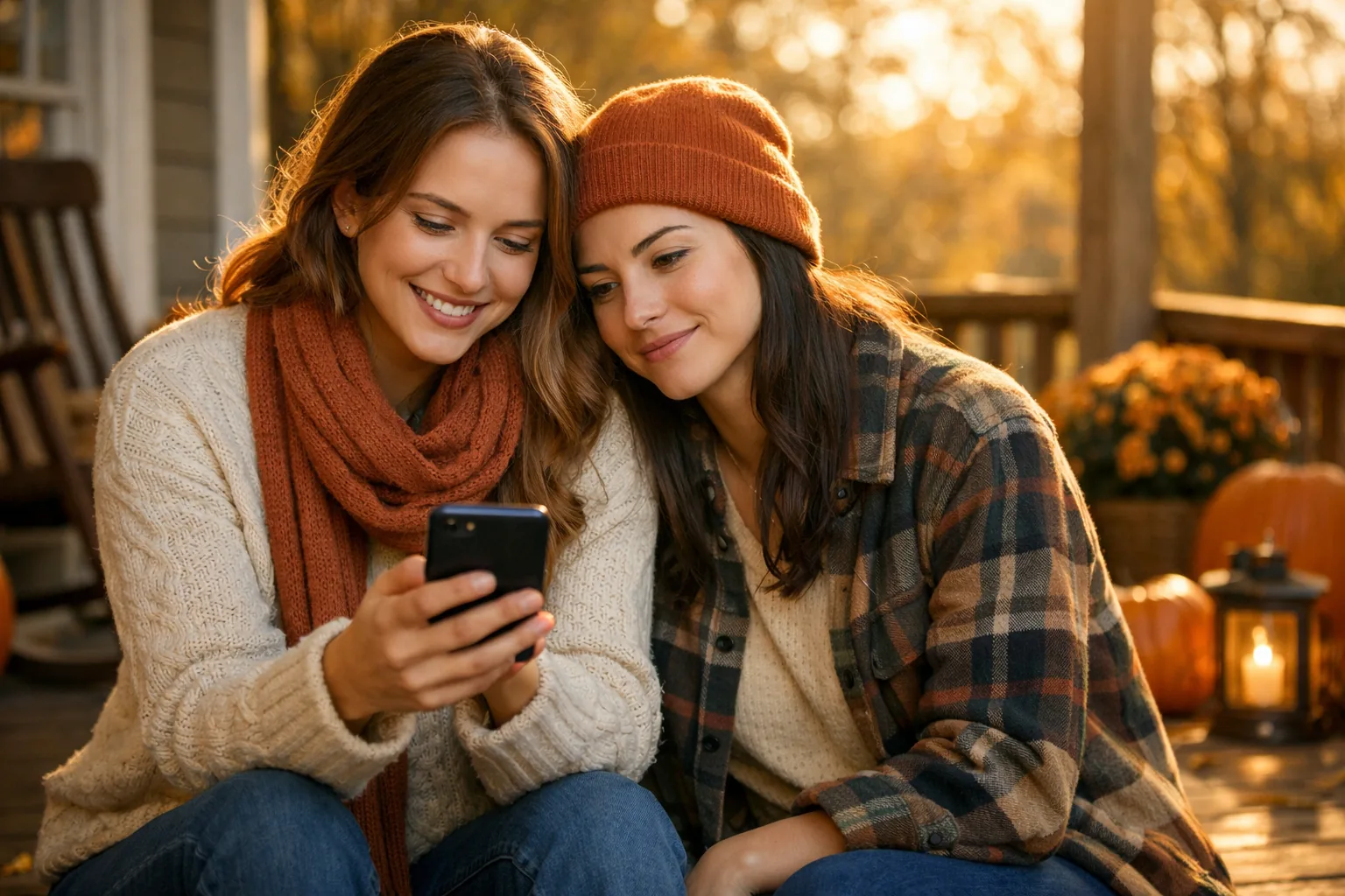 Two friends side by side on a porch in autumn, looking at a phone, one with a nostalgic expression, soft golden light