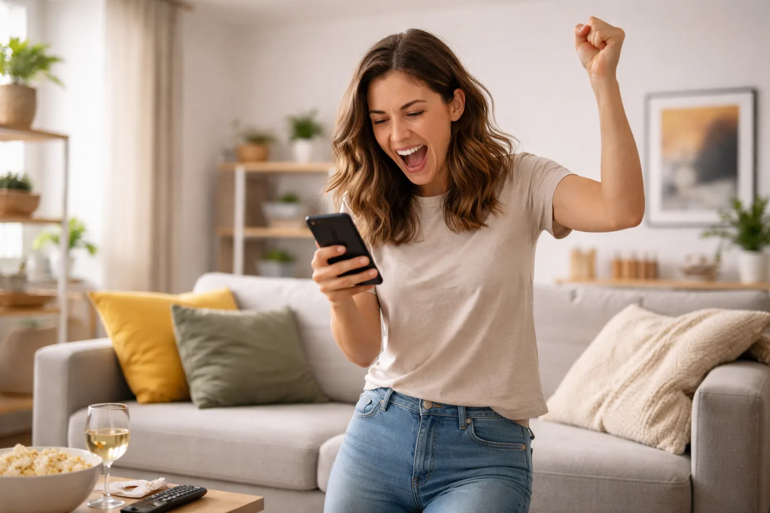 Person celebrating alone in their living room, arms up, looking at their phone with a victorious expression