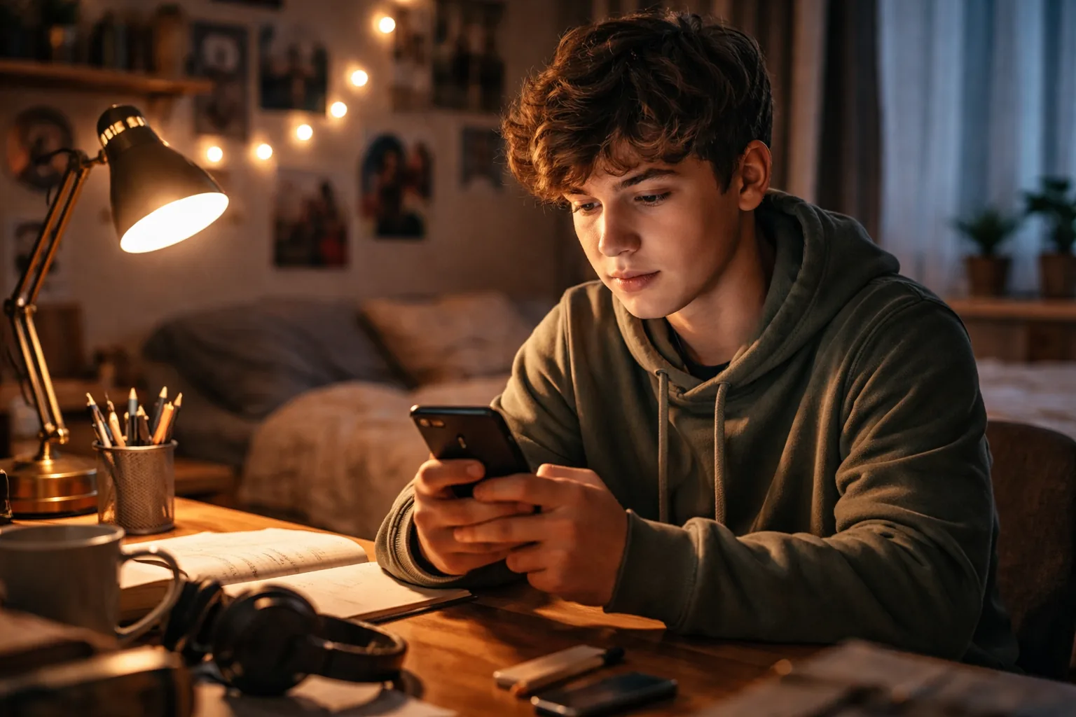 Teen sitting at their bedroom desk looking at their phone with a candid and honest expression, soft desk lamp light