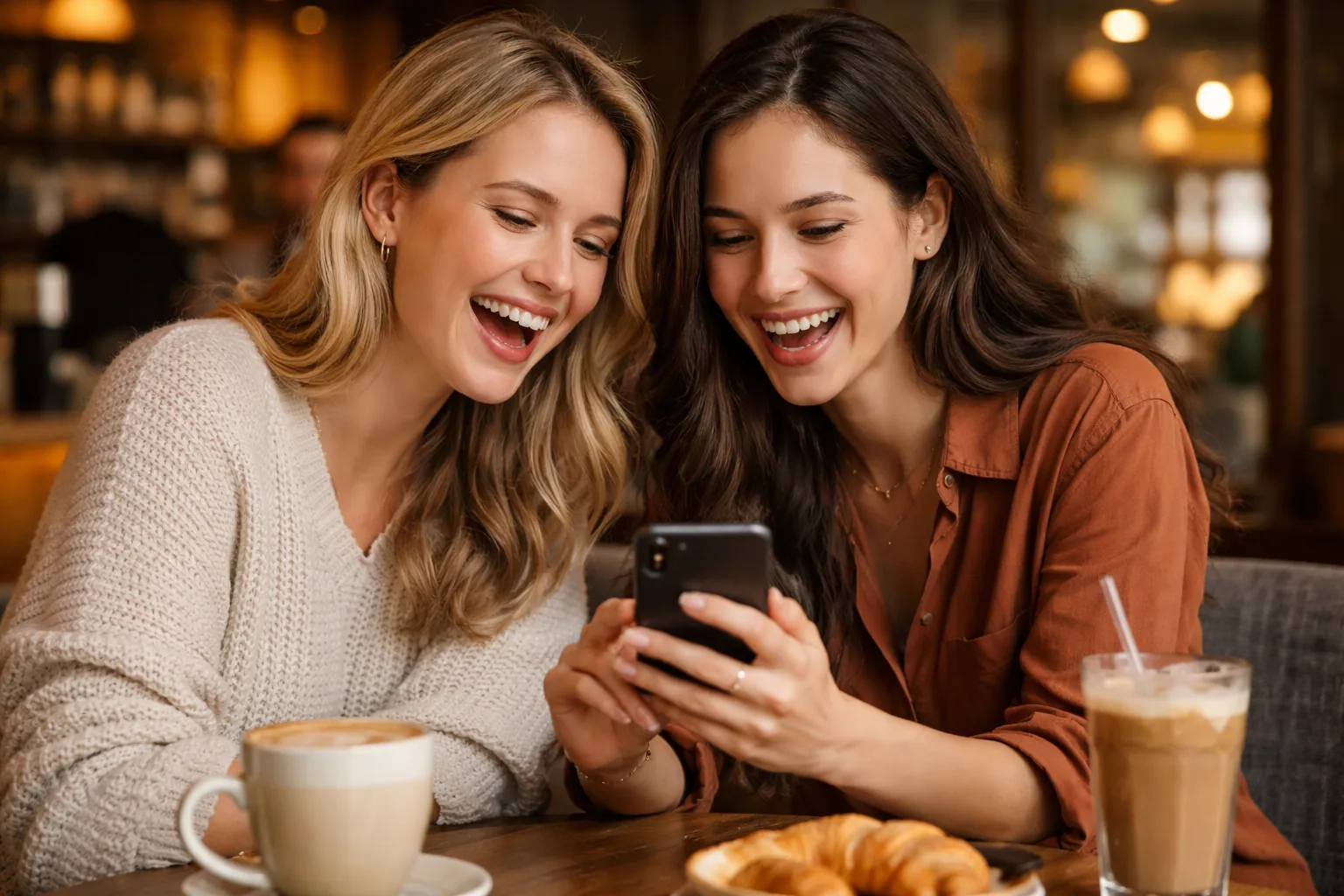 Two women laughing together at a table, one showing the other her phone, relaxed and genuine, warm cafe background
