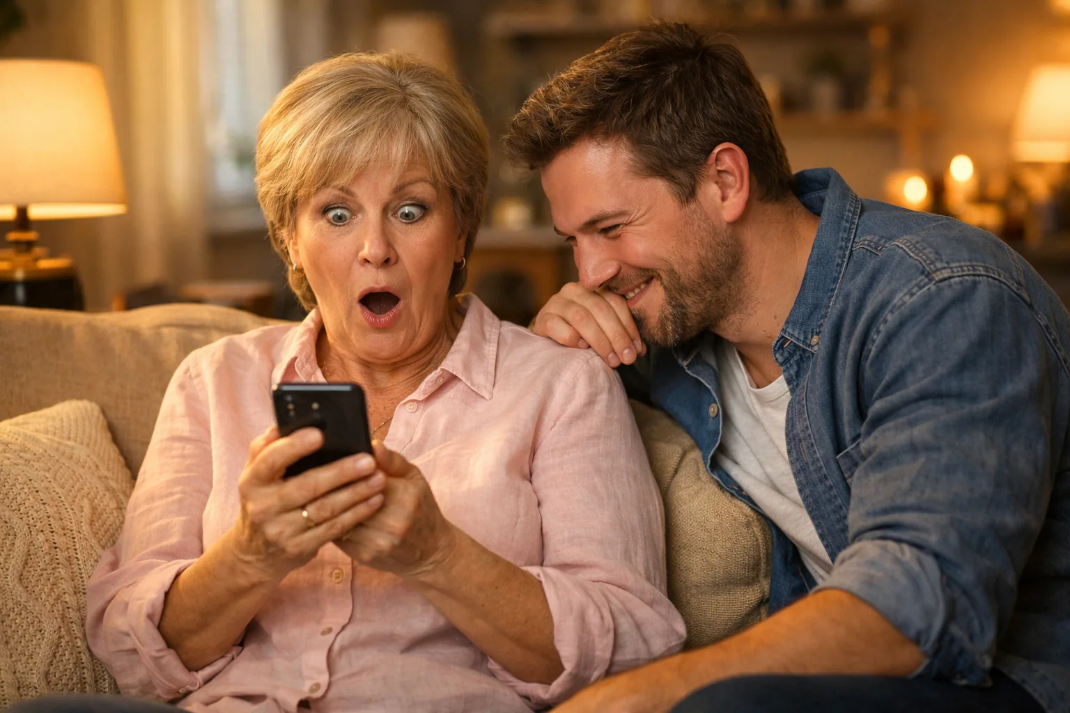 Parent and adult child on a sofa, the parent holding their phone with a startled expression, the adult child leaning ove