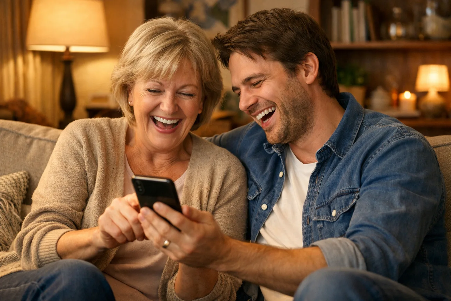 Parent and adult child on a sofa, the parent showing the adult child their phone screen, both starting to laugh, warm ev