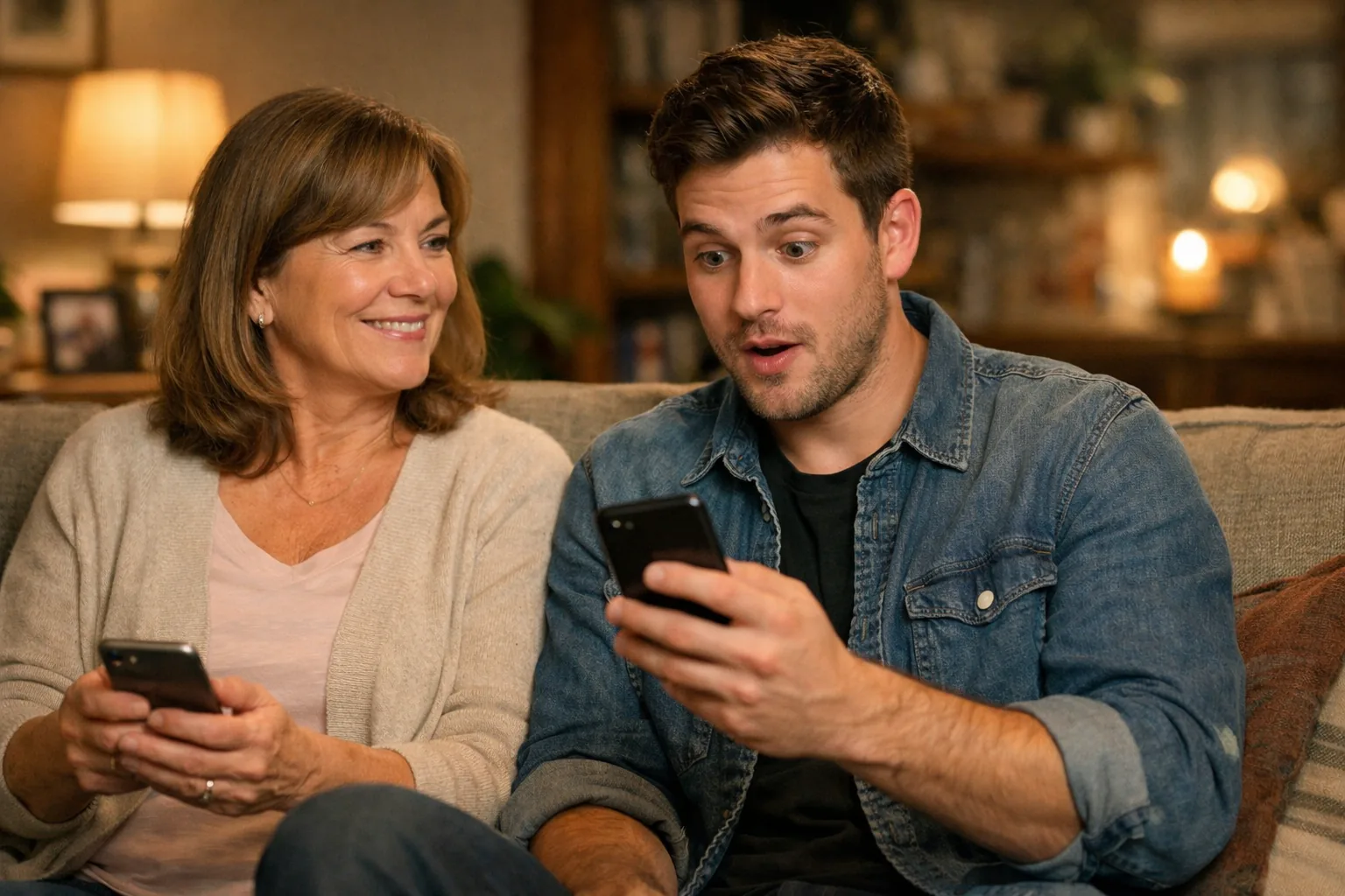 Parent and adult child side by side, the parent just having texted something, the child looking at their phone with a sl