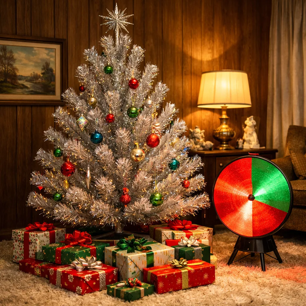 A gleaming silver aluminum Christmas tree in a 1960s living room, standing beside a color wheel lamp casting rotating re