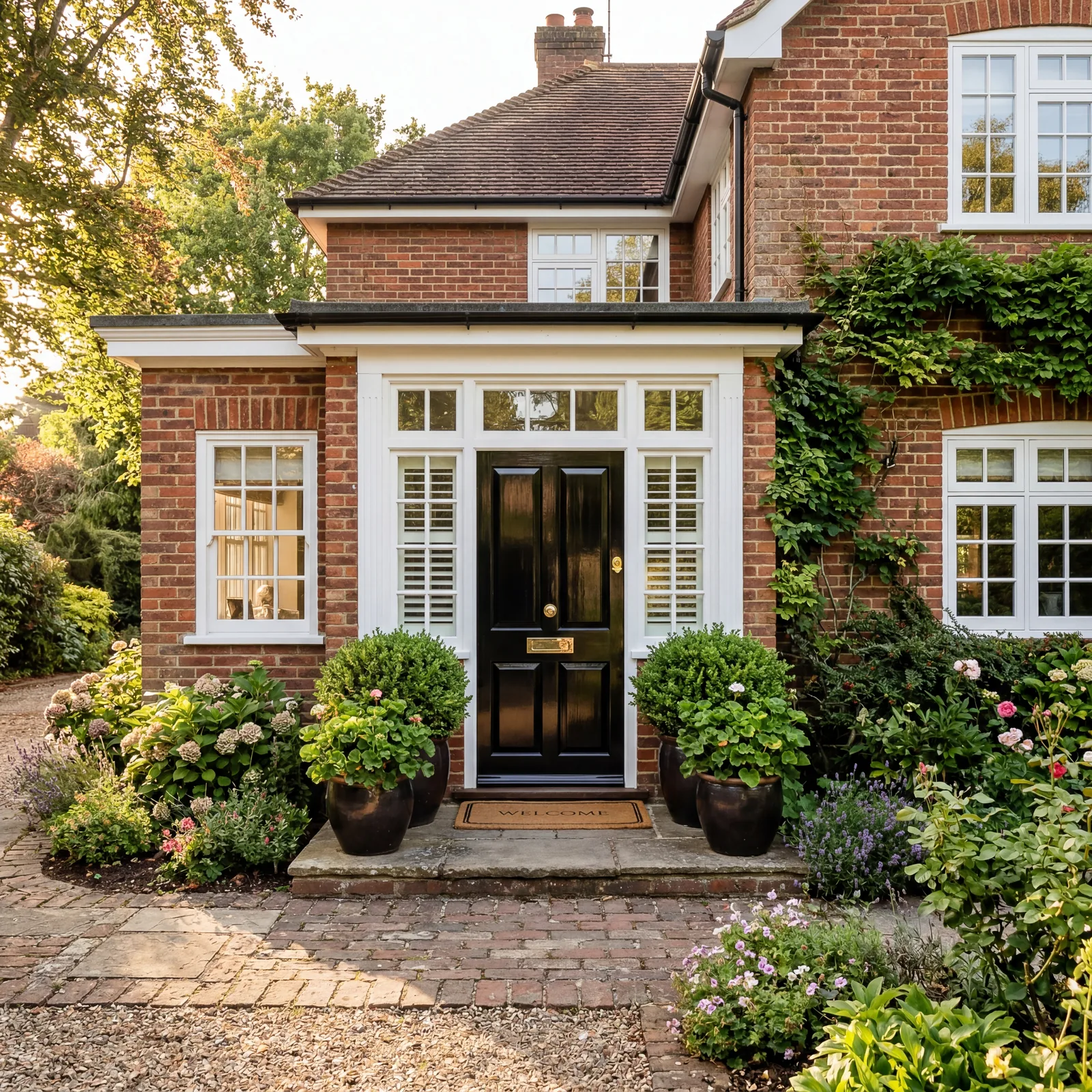 Charming brick exterior home with a glossy black front door and crisp white window trim, two green potted plants flankin
