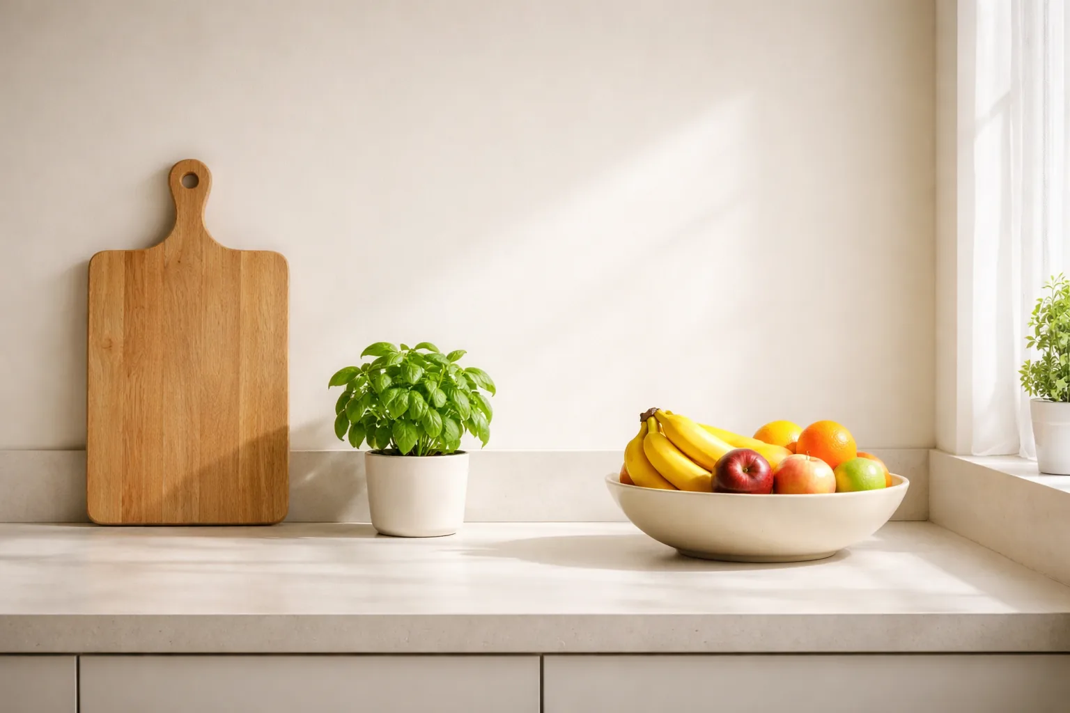 Clean minimalist kitchen counter with only a wooden cutting board, a small potted herb, and a fruit bowl in natural dayl