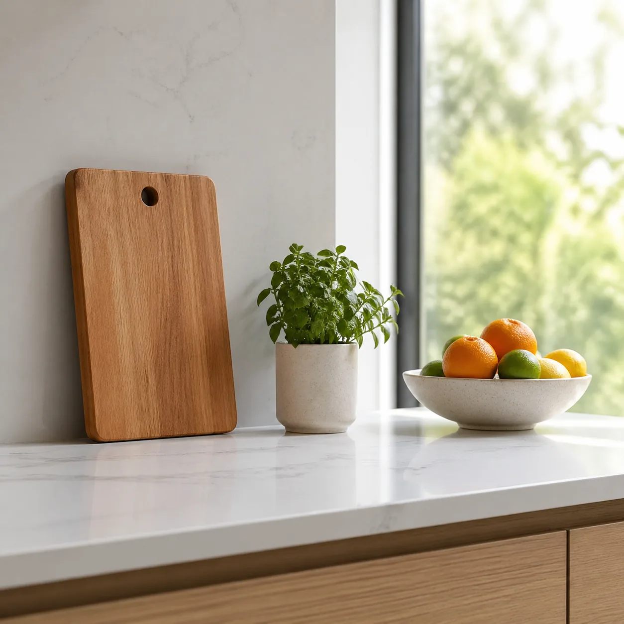 Clean minimalist kitchen counter with only a wooden cutting board, a small potted herb, and a fruit bowl in natural dayl