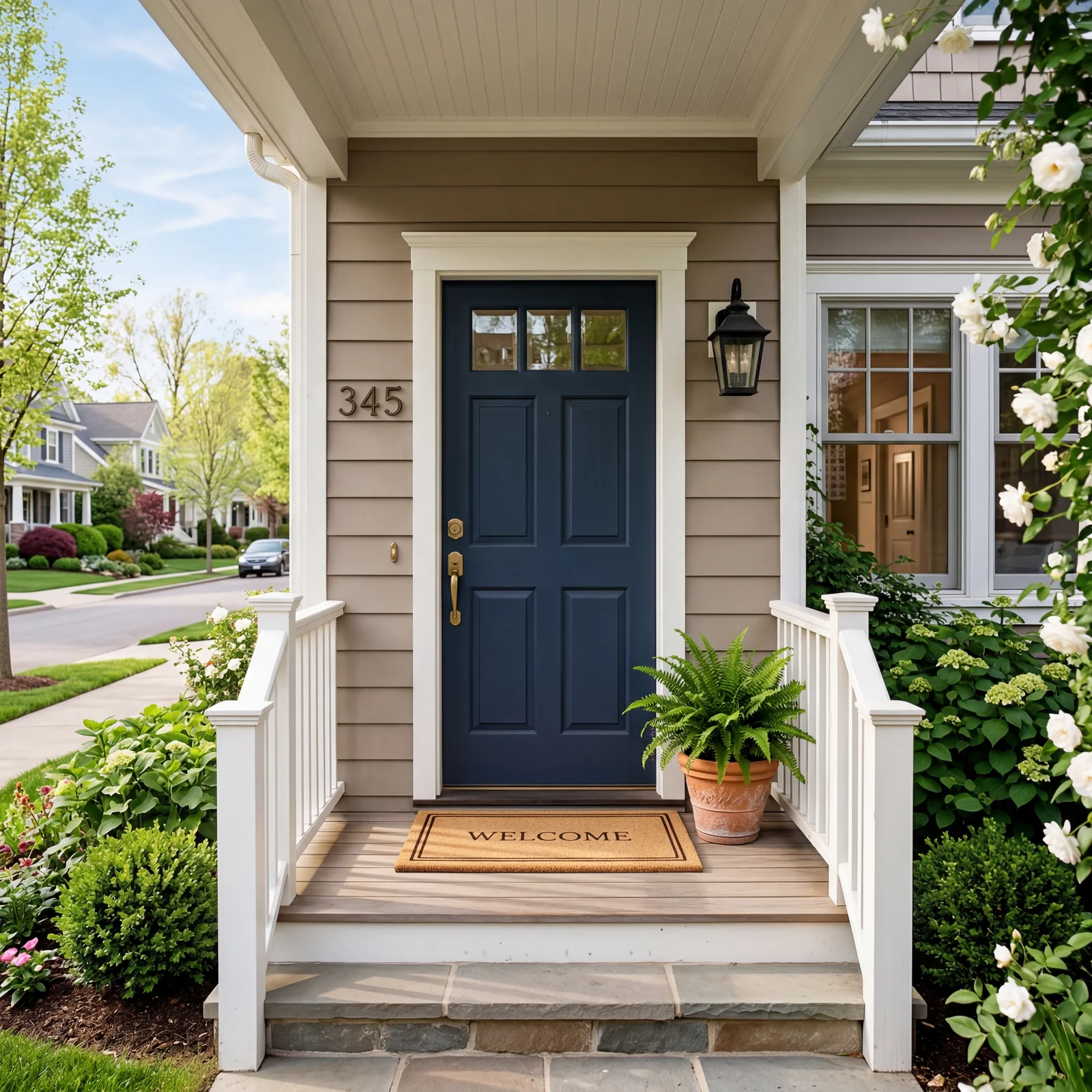 Front door of a well-kept American home, clean welcome mat, a single healthy potted plant beside the door, sunny morning