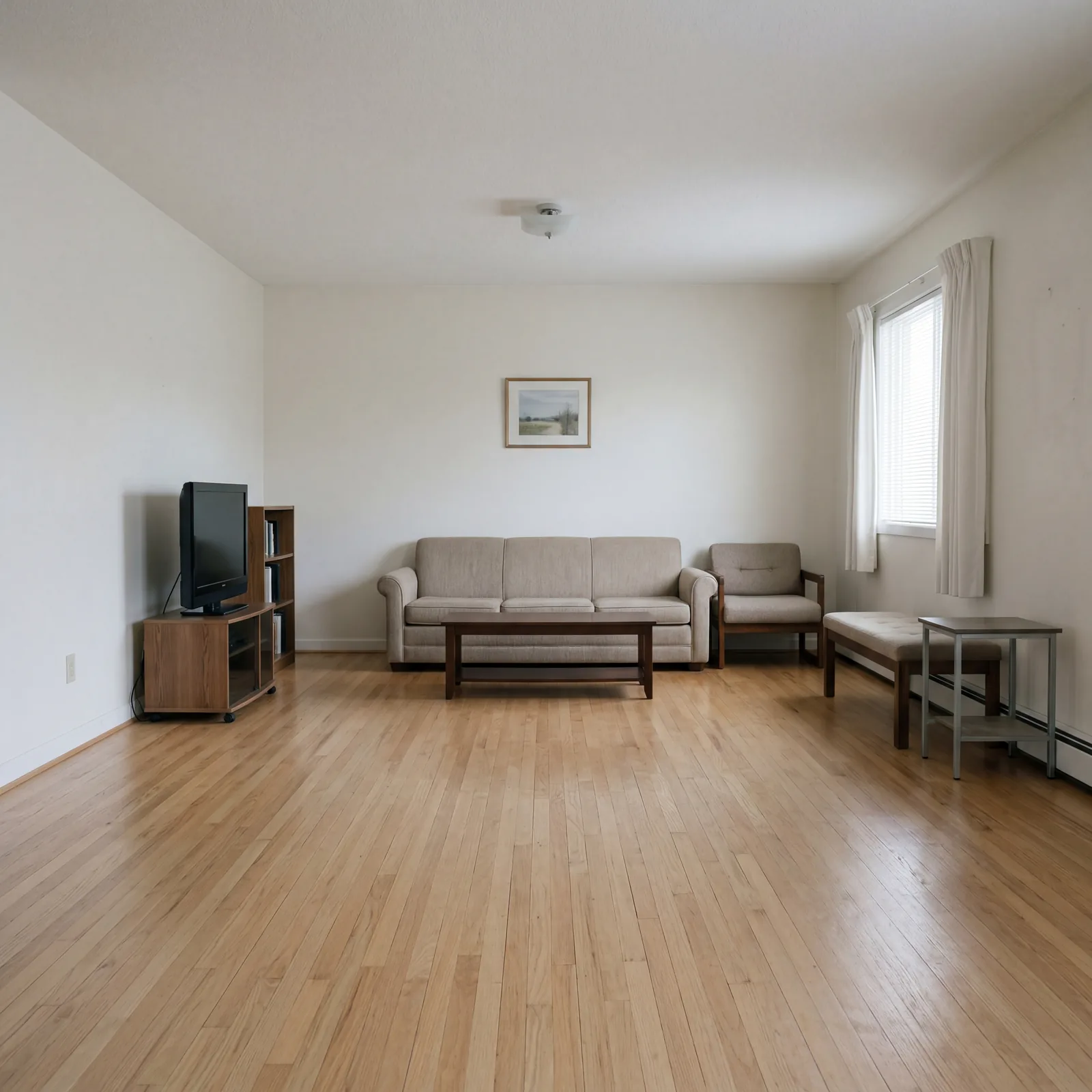 Living room with all furniture pushed tight against the walls, wide open empty center, feeling sparse and uninviting lik