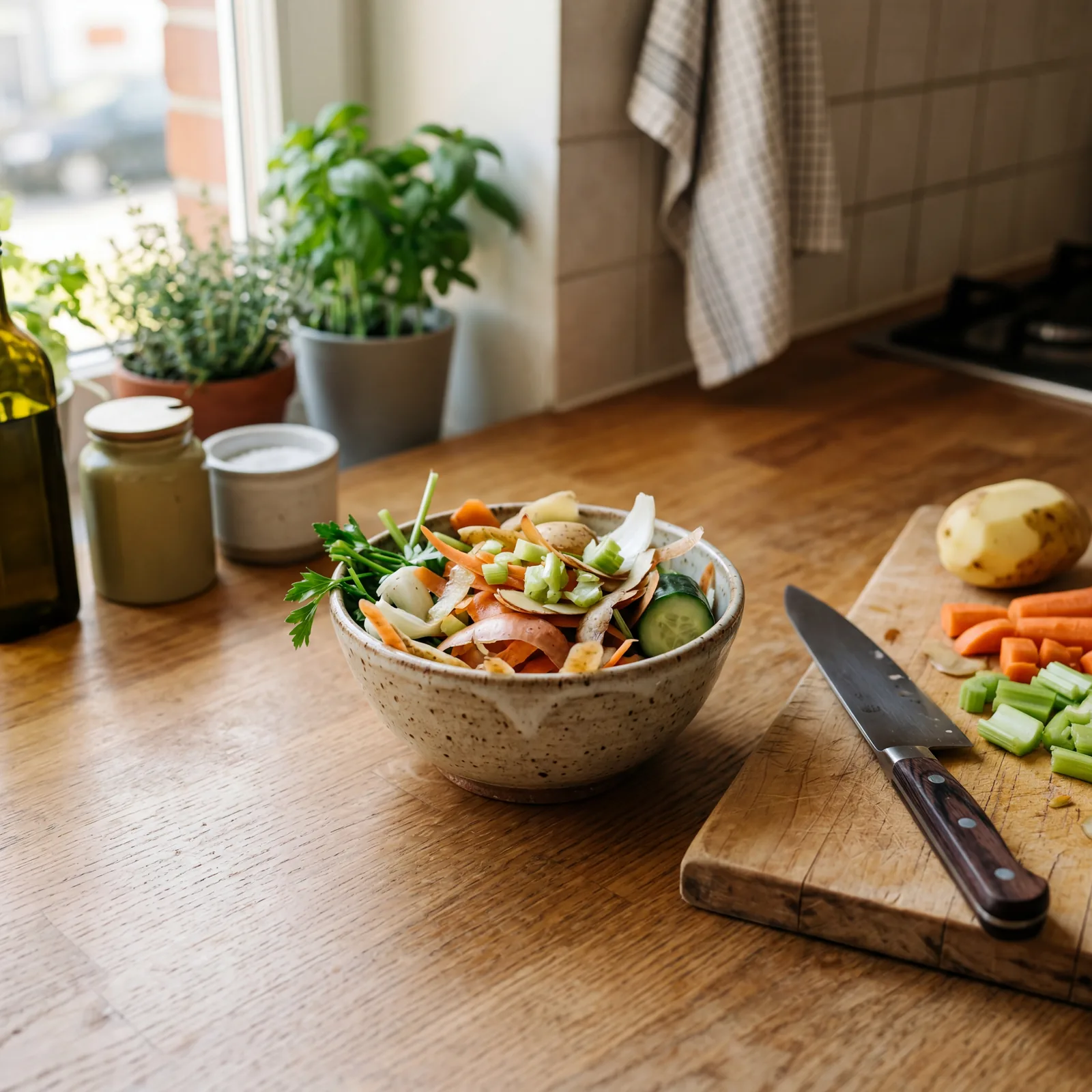 Small ceramic bowl on a wooden kitchen counter filled with vegetable peelings and scraps, knife and cutting board nearby