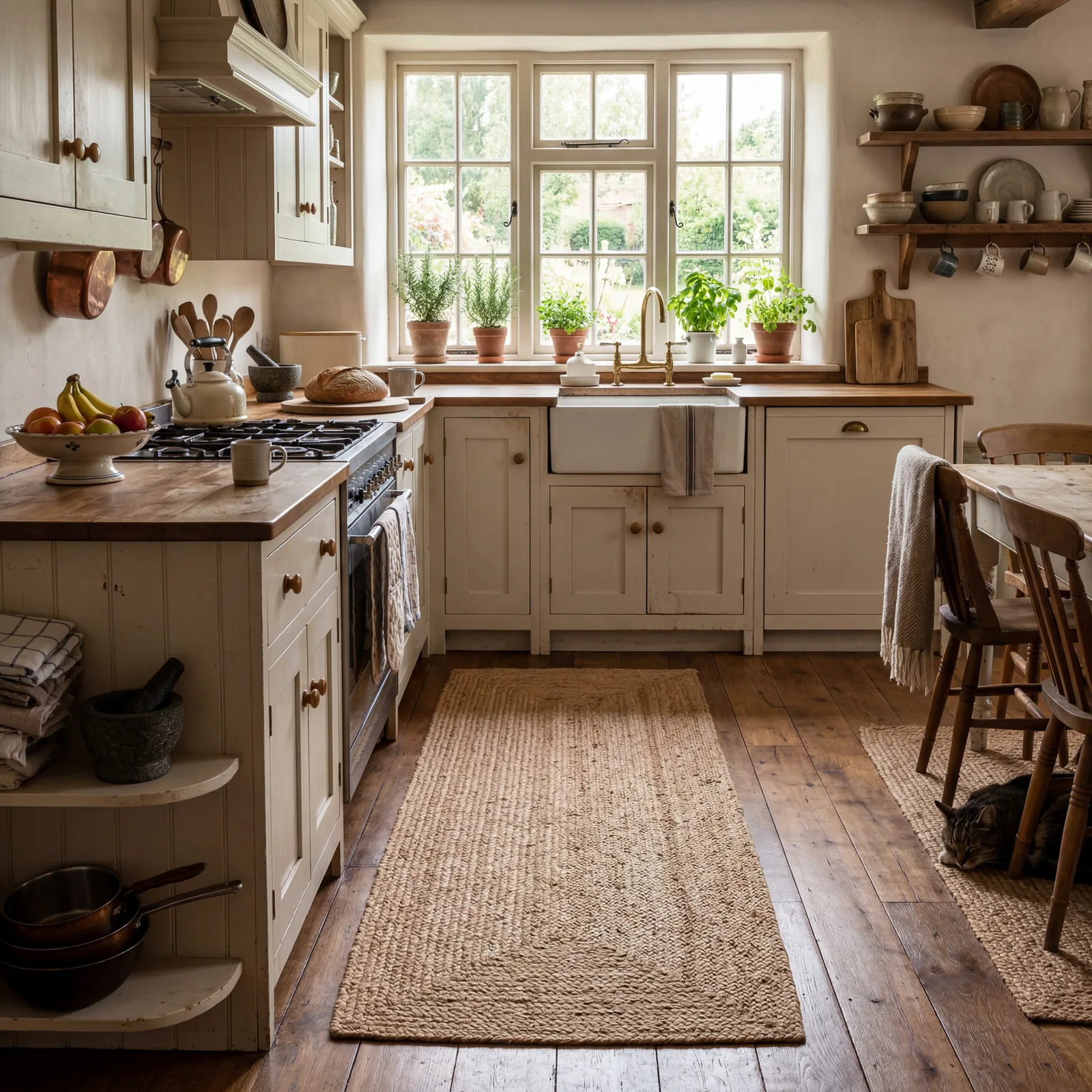Warm farmhouse kitchen with a natural jute runner rug on hardwood floors, morning light, wooden cabinets, domestic and l