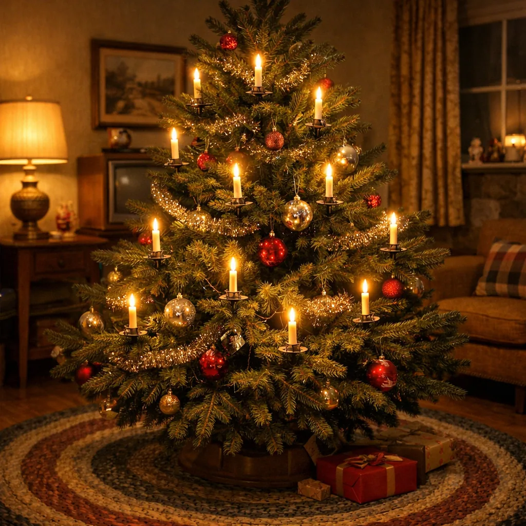 A 1960s Christmas tree with small real clip-on candle holders, lit candles glowing warmly among the branches, a vintage 