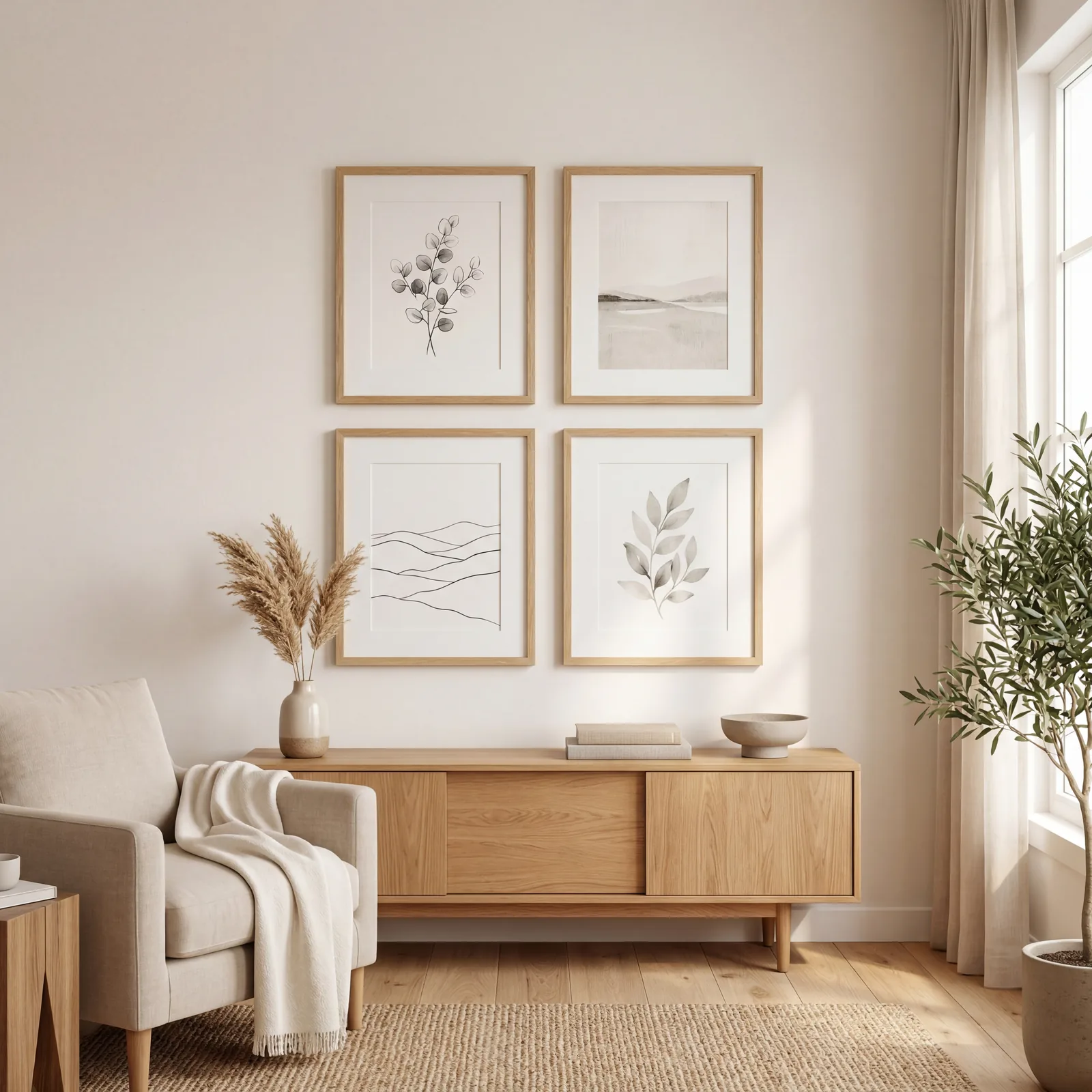 Clean, neutral living room wall with simple neutral-framed art prints instead of personal family photos, warm afternoon 
