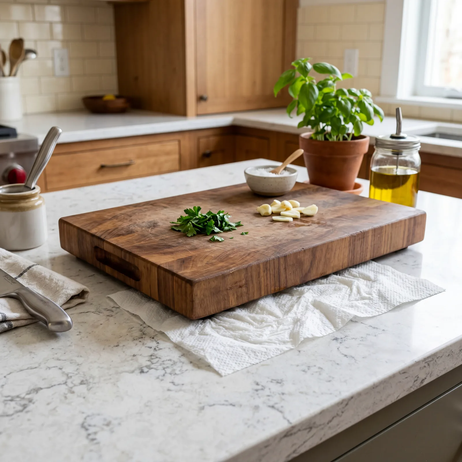 Cutting board on a kitchen counter with a damp paper towel visible underneath, stable and flat, clean kitchen setting, n