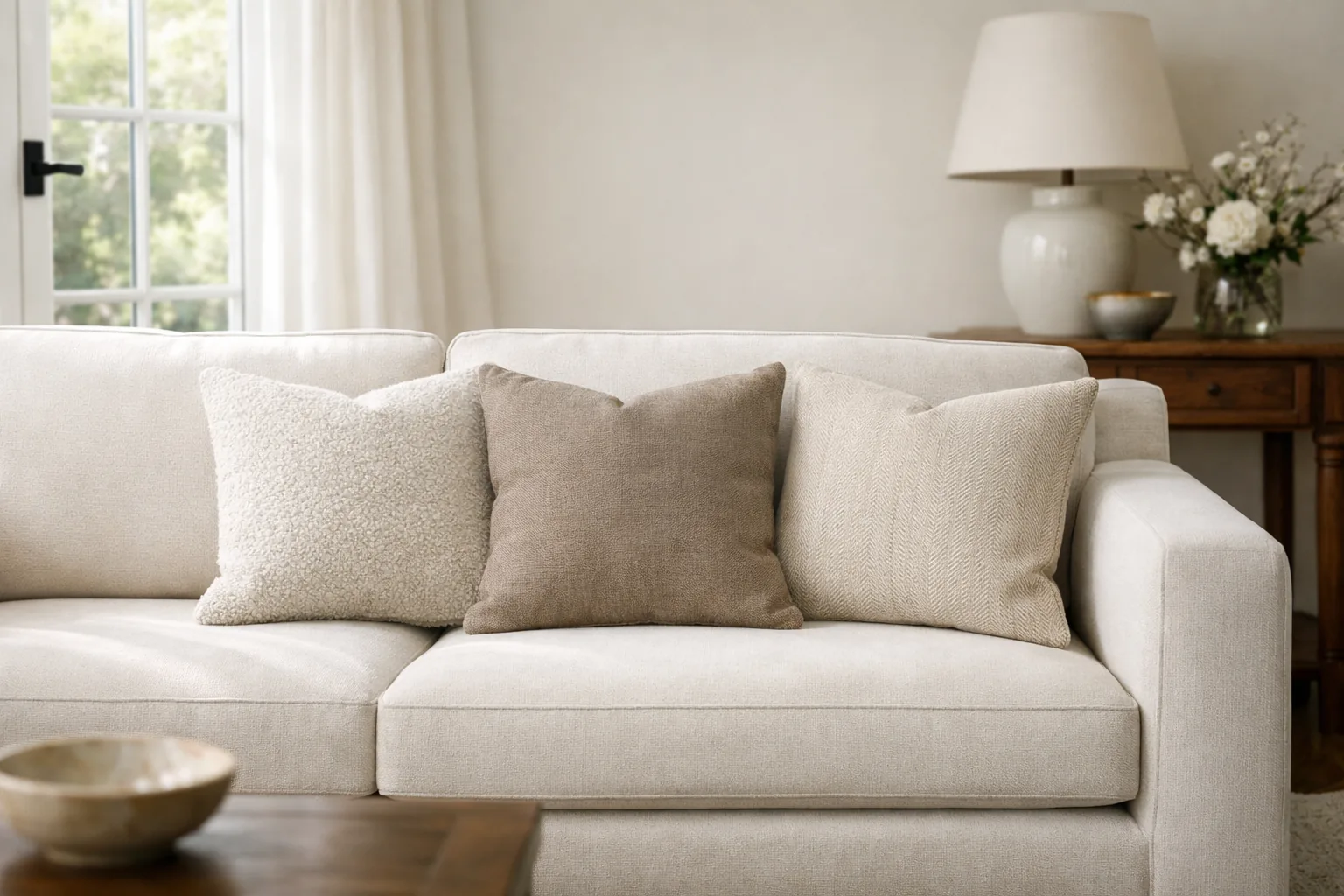 Elegant living room sofa with three well-chosen throw pillows in neutral tones, natural window light