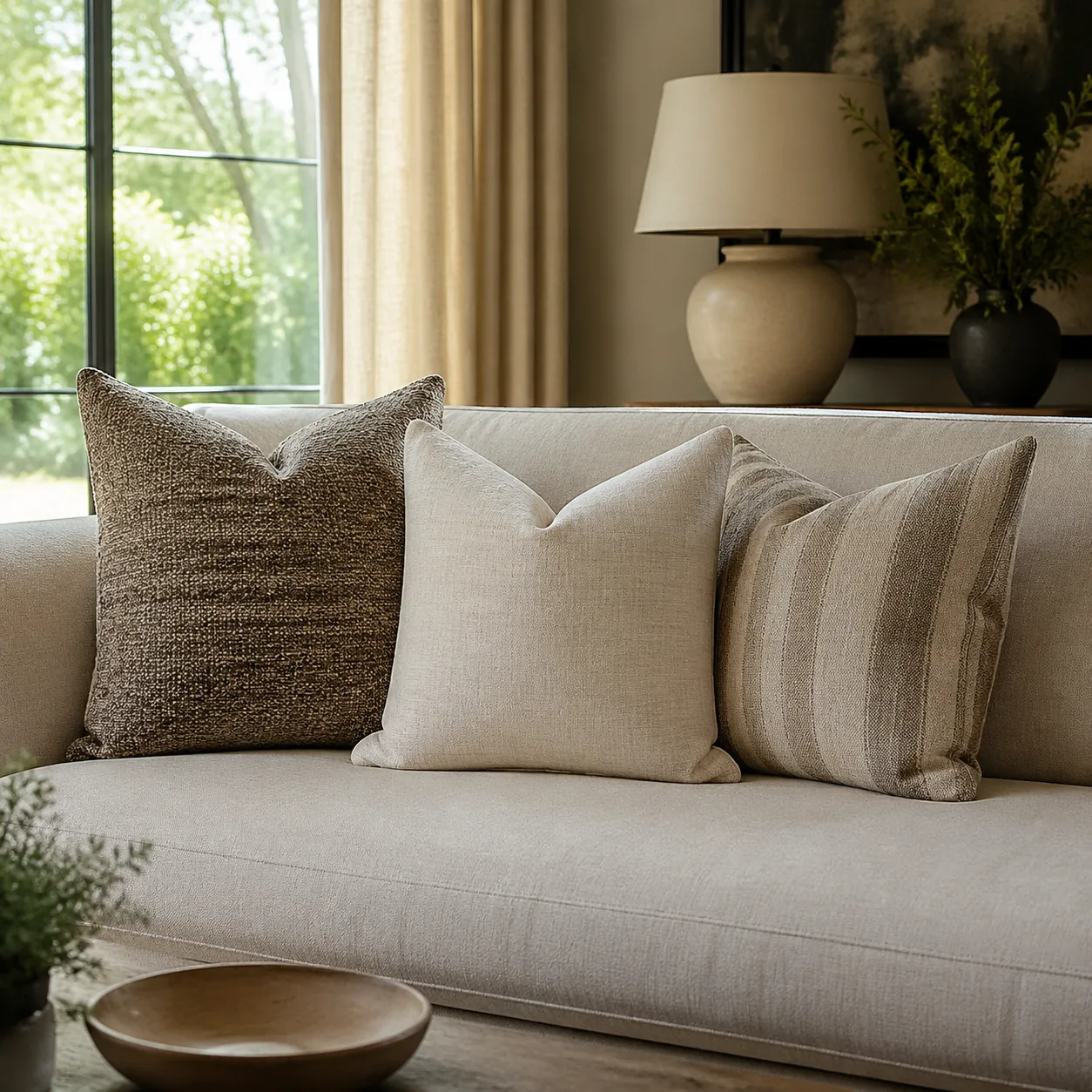 Elegant living room sofa with three well-chosen throw pillows in neutral tones, natural window light