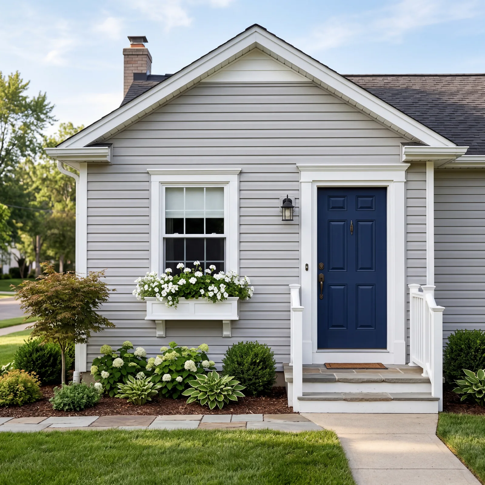 Light grey vinyl siding home with a deep navy blue painted front door, white trim, a small window box with white flowers