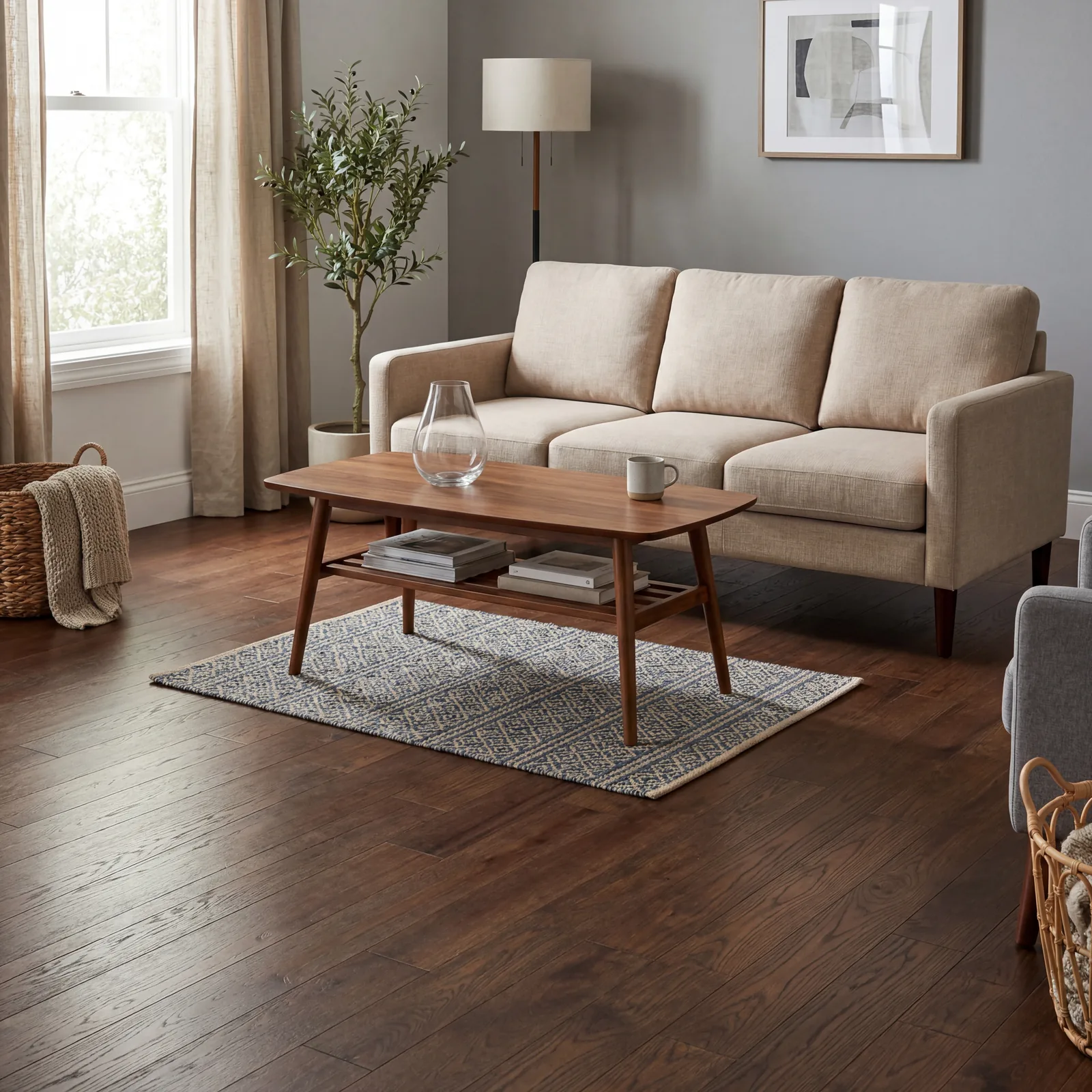 Living room with a small area rug that only sits under the coffee table, sofa legs floating off the rug on bare floor, f