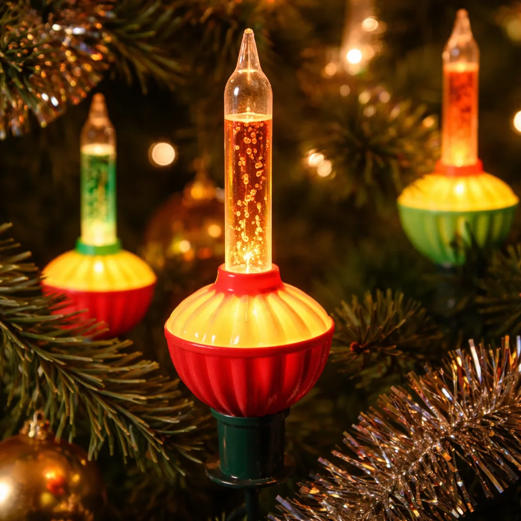 A close-up of vintage 1960s bubble lights on a Christmas tree, colorful liquid-filled tubes with rising bubbles, glowing