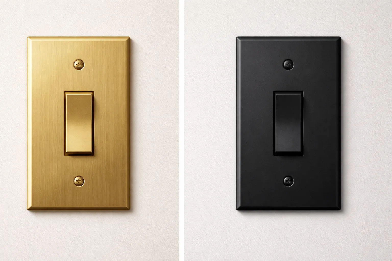Close-up of a brushed brass or matte black light switch plate on a painted wall, clean and minimal