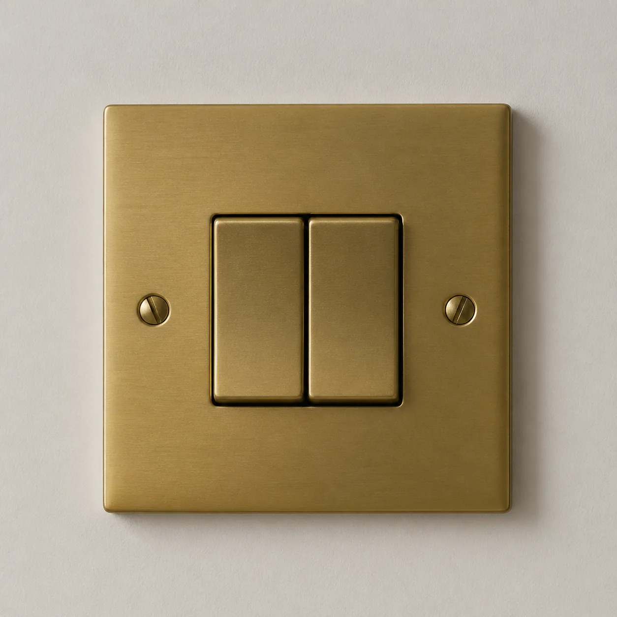 Close-up of a brushed brass or matte black light switch plate on a painted wall, clean and minimal