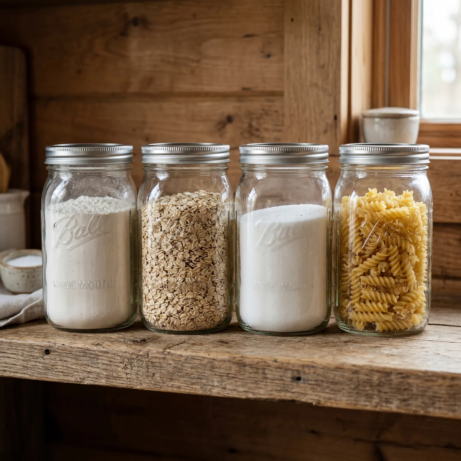 Close-up of wide-mouth mason jars filled with flour, oats, sugar, and dried pasta lined up on a wooden farmhouse kitchen
